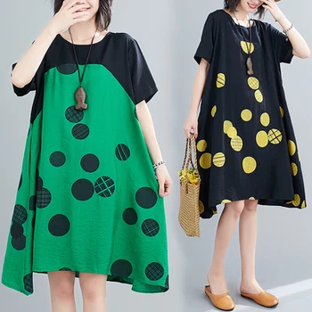 

2020 New Retro Irregular Patchwork Big Swing Printed Women Midi Dress Dot Casual A-line Red Green Yellow Dresses Loose Patchwork