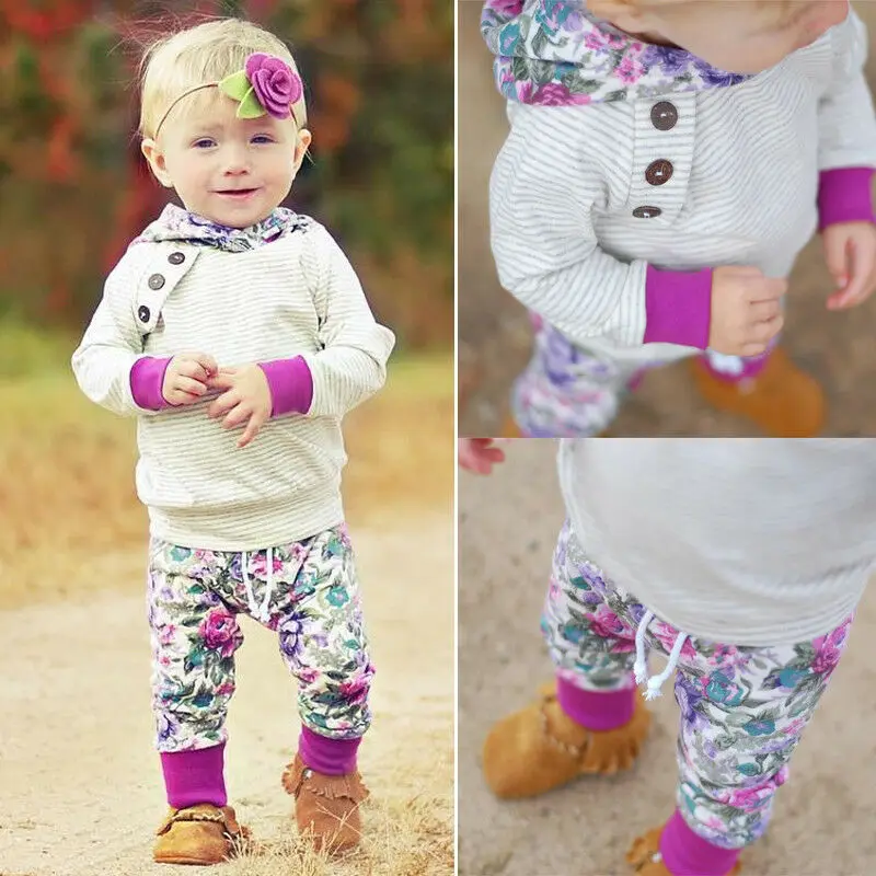  Newborn Kids Toddler Baby Boy Girl Outfits Striped Hoodie Tops T-shirt+Floral Pants 2Pcs Clothes Se