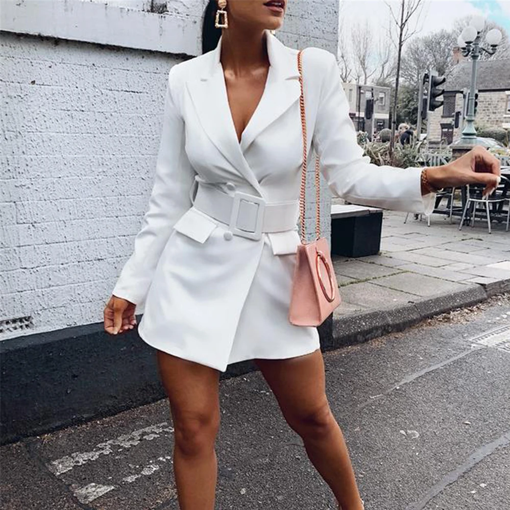 

New Women Bodycon Lapel Blazer Women Double Breasted Belt Long Sleeve V-neck Dress Casual Lady Female Office Jacket Coat Outwear