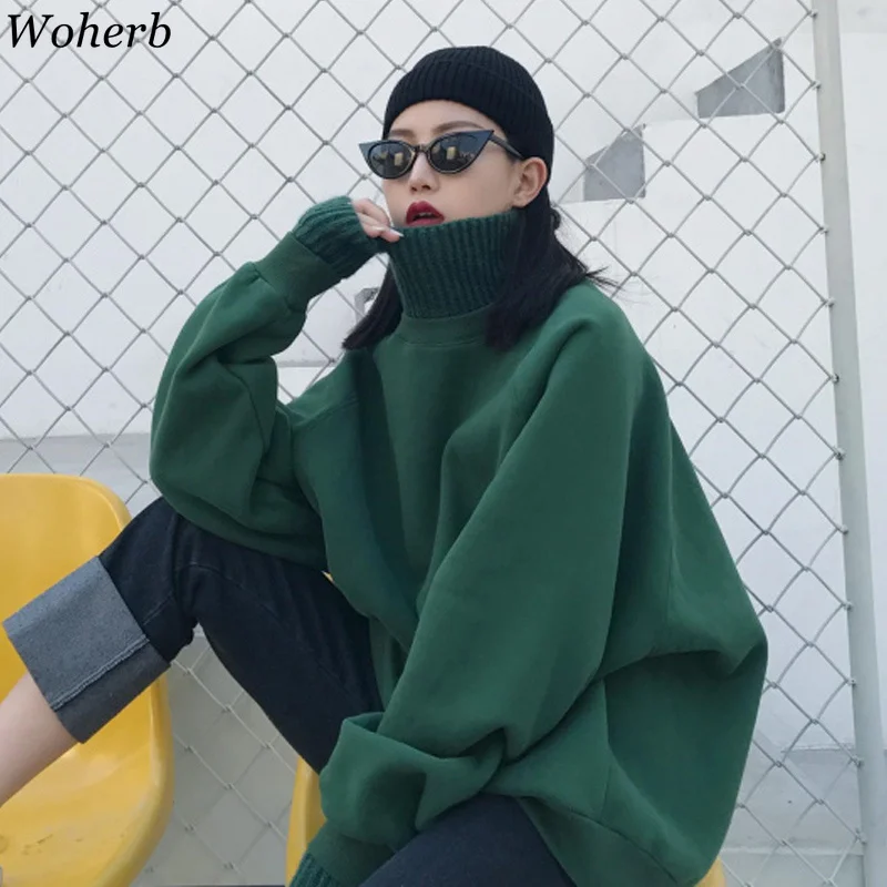  Woherb Korean Female Loose Hoodies Casual Solid Turtleneck Sweatshirt Women 2020 Autumn Winter Thic