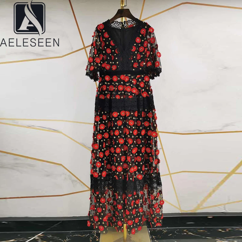 AELESEEN высокого качества с красным цветком Платье вышивкой для женщин 2020 сезон: