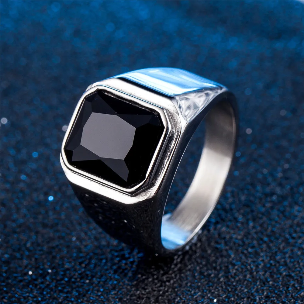 

Men Hiphop Ring Stainless Steel Black Red Onyx Stone Ring Rock Fashion Male Punk Square Shape Color Zircon Jewelry