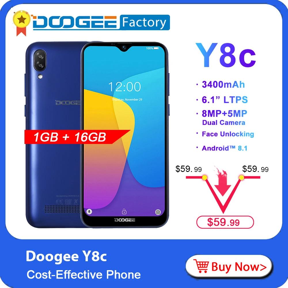 DOOGEE Y8c 6 1 дюймов 19:9 капля воды LTPS экран смартфон разблокировка лица 16 Гб ПЗУ 8 Мп + 5