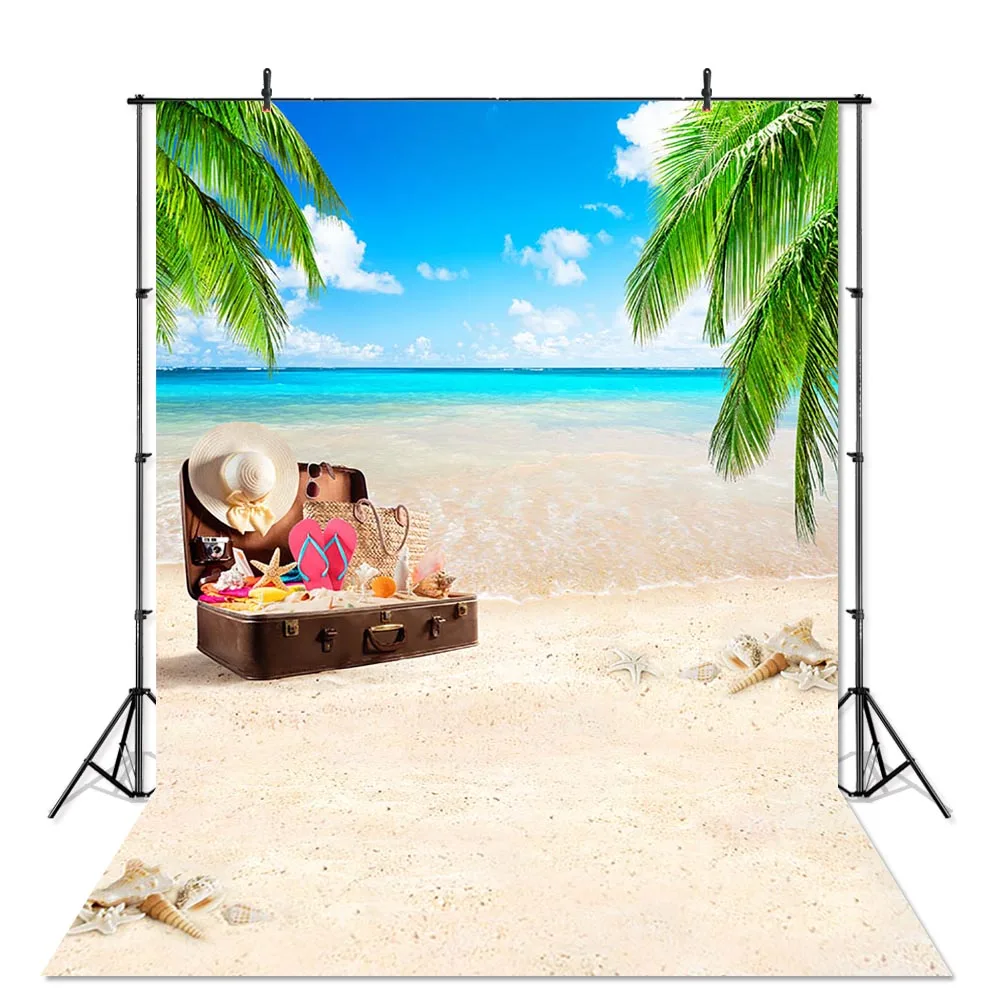 YongFoto Sfondo Fotografico In Vinile 2x2m – Spiaggia Tropicale Con Mare, Cielo E Palme, Ideale Per Servizi Foto E Video
