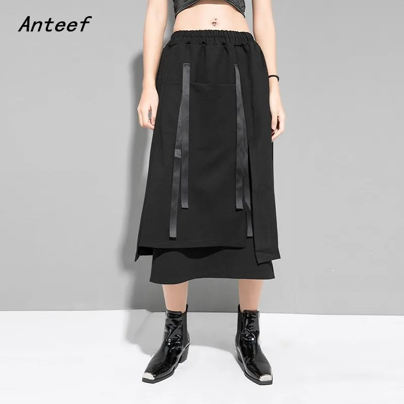 Черная винтажная одежда размера плюс с высокой талией, Весенняя Осенняя Повседневная Свободная юбка миди, Женская юбка, женская уличная одежда