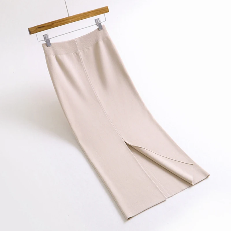 Новые осенние корейские Сплит Длинные вязаные юбки зимние женские Модные женские черная длинная юбка femme jupe теплые Облегающие юбки