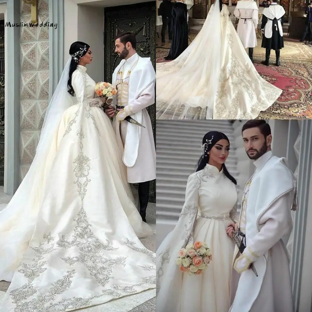 Vestidos de boda musulmanes de marfil de lujo con manga larga, caftán árabe  morrocano bordado, vestidos de novia de iglesia de satén grueso para novia|Vestidos  de novia| - AliExpress