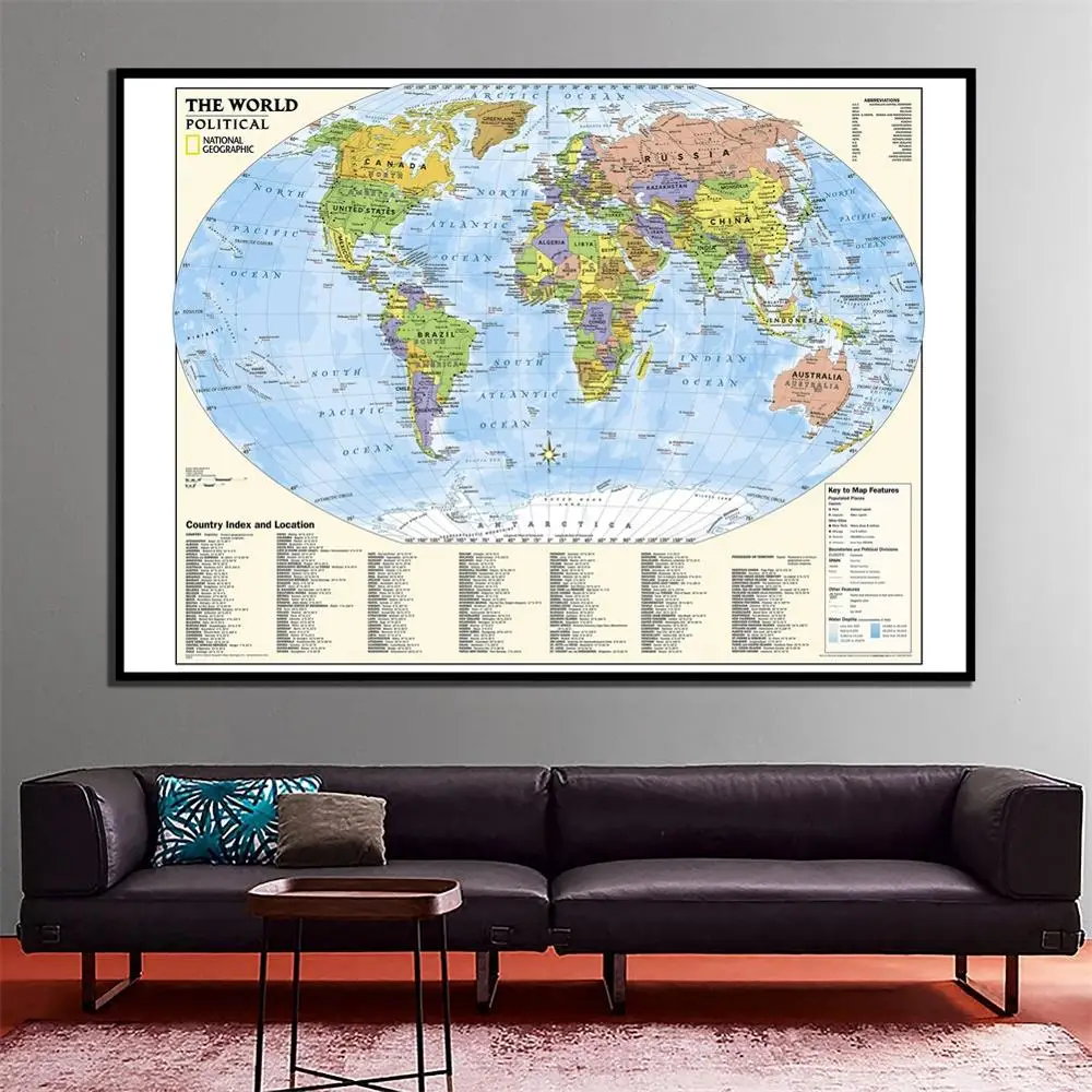 

24x36 inches The World Political Map With Country Index And Location Fine Canvas Painting For Wall Decoration