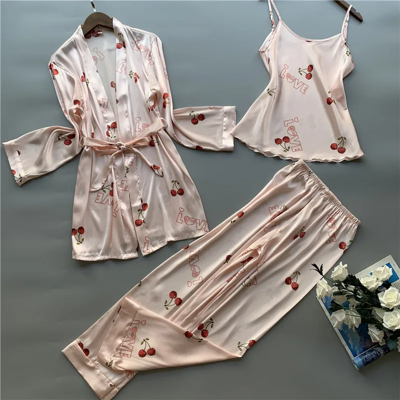MECHCITIZ, осенняя сексуальная одежда для сна, женские пижамные комплекты, шелковая пижама, женские зимние платья Брюки, 3 шт., атласная пижама, домашняя одежда, нижнее белье - Цвет: picture color