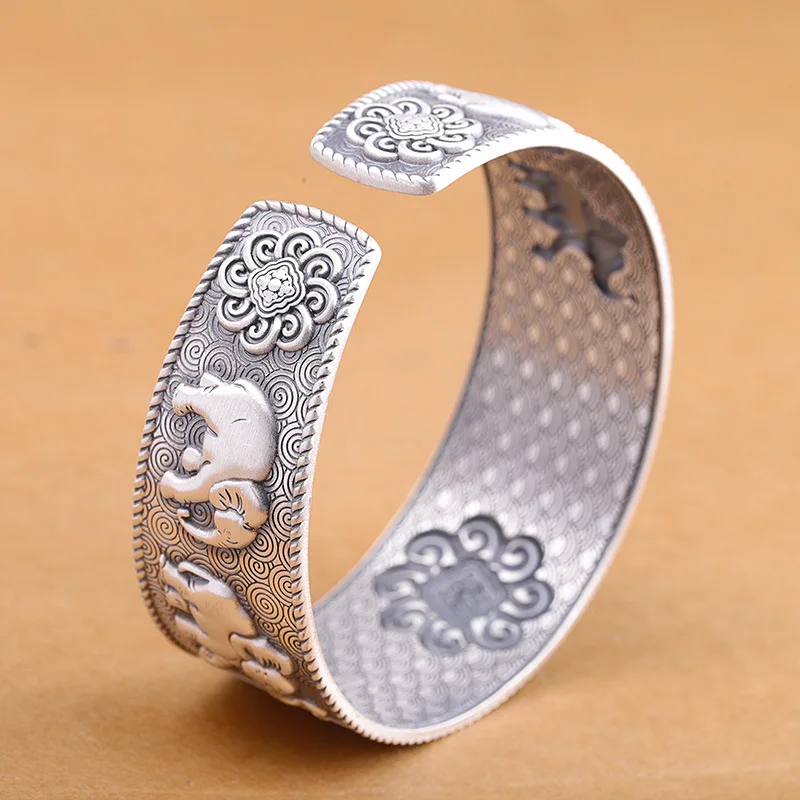 Hot Sale Auspicious elephant Silver Bangle Real Pure 999 Silver Bracelet Limited Classic Lady's S999 Pure Silver Bracelet