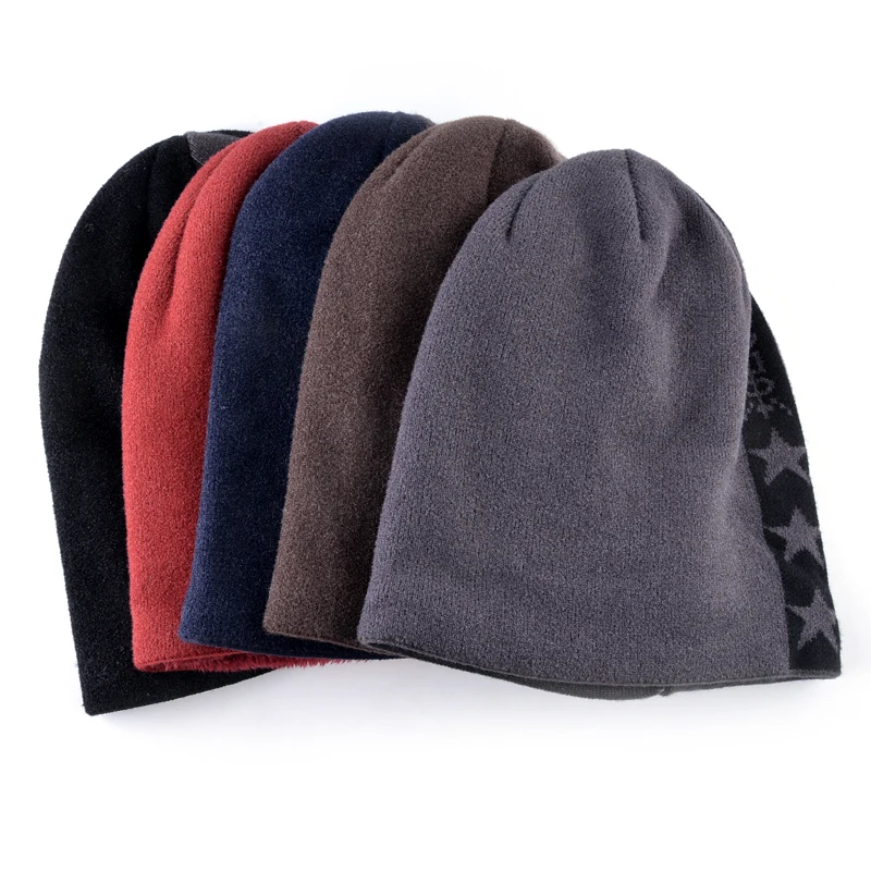 Модная шапка Skullies, Мужская теплая вязаная шапка, зимние толстые шапки, двухслойные вязаные шапки со звездами, в стиле хип-хоп, однотонная шапочка, шапки