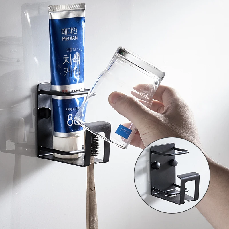 Punch-free Bathroom Cup Holder Black Toothbrush Holder Multi-function Bathroom Accessories Metal Wall Cup ML6037