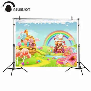 

Allenjoy Candyland Bar Photo Zone Decor Donut Icecream Lollipop Rainbow Desserts Background Happy Birthday Party Photo Backdrops