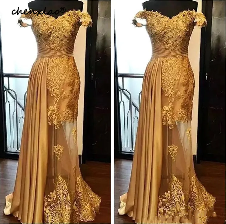 

Gold Muslim Evening Dresses 2019 Mermaid Off The Shoulder Lace Beaded Islamic Dubai Saudi Arabic Long Formal Evening Gown Prom