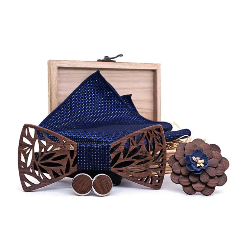  Wooden Bow Tie Gift Box Premium Quality Walnut Wood Bow-tie With Handkerchief Brooch And Cuff-links