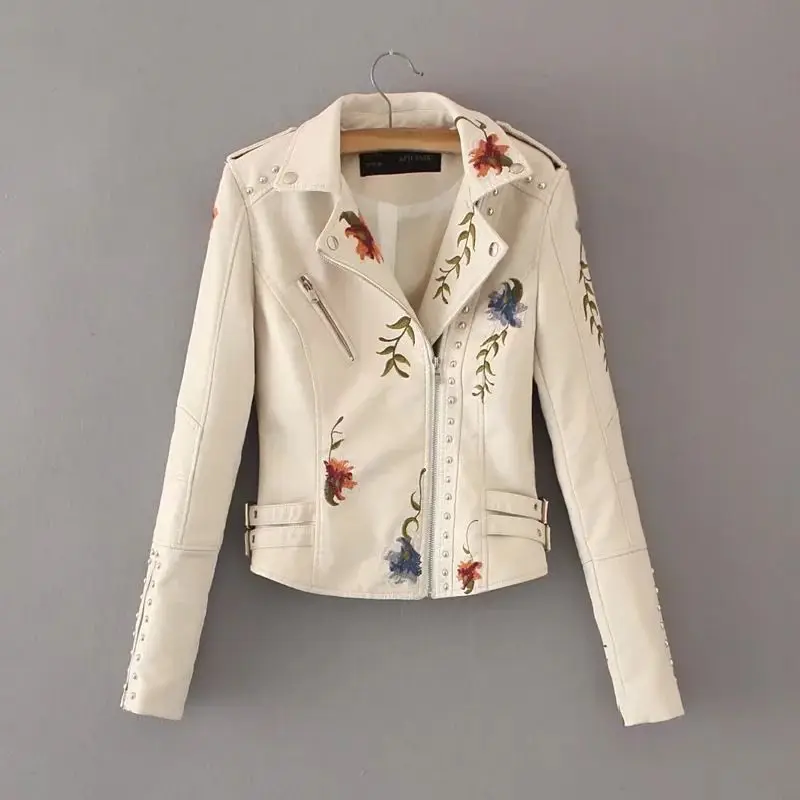Spring Autumn Casual Flowers Embroidery Pu Leather Short Jacket Women Turn-down Collar Rivet Zipper Moto Biker Coats Tops Clothe