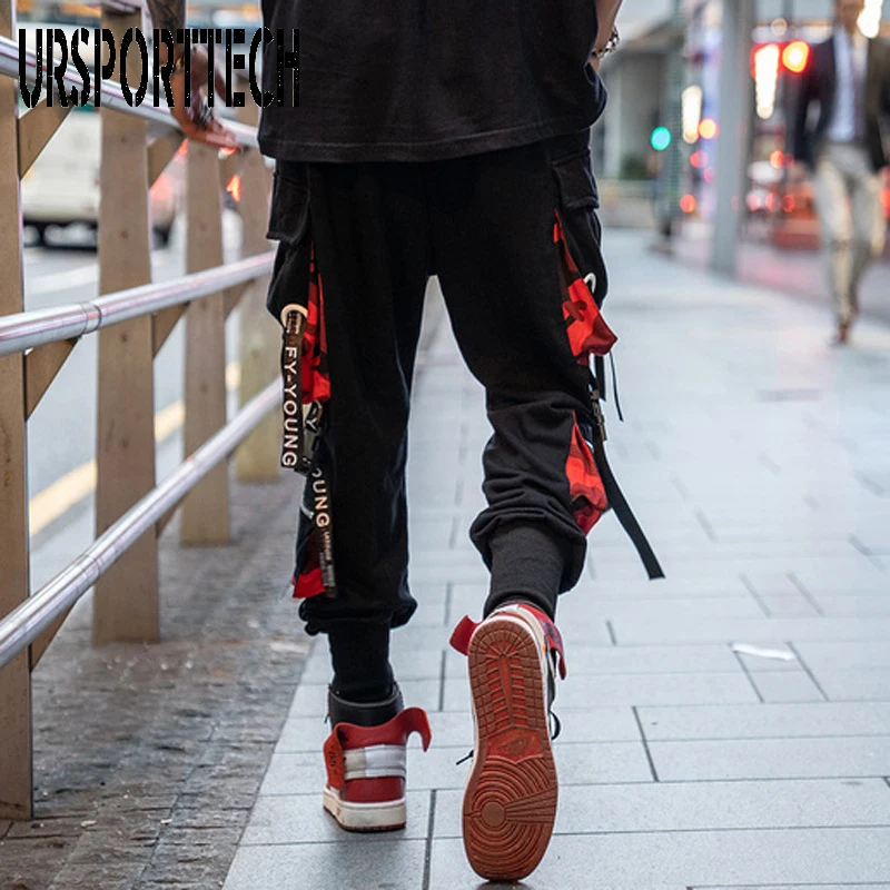 Hip Hop Joggers Men Letter Ribbons Cargo Pants Pockets Track Tactical ...