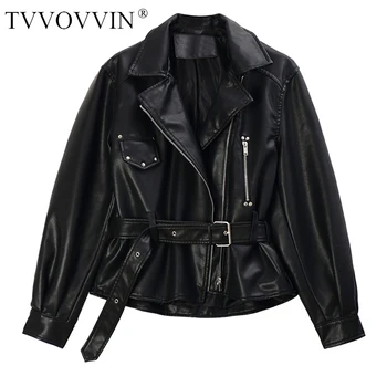 

China Loose Fit Black Pu Leather Buckle Bandage Short Jacket New Lapel Long Sleeve Women Coat Fashion Tide Spring 2020 1R728