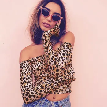 

Fashion Womens Off Shoulder Sexy Slim Party Club Evening Blouse Tops Leopard Bodycon Long Sleeve Short Blouse Shirts Clubwear