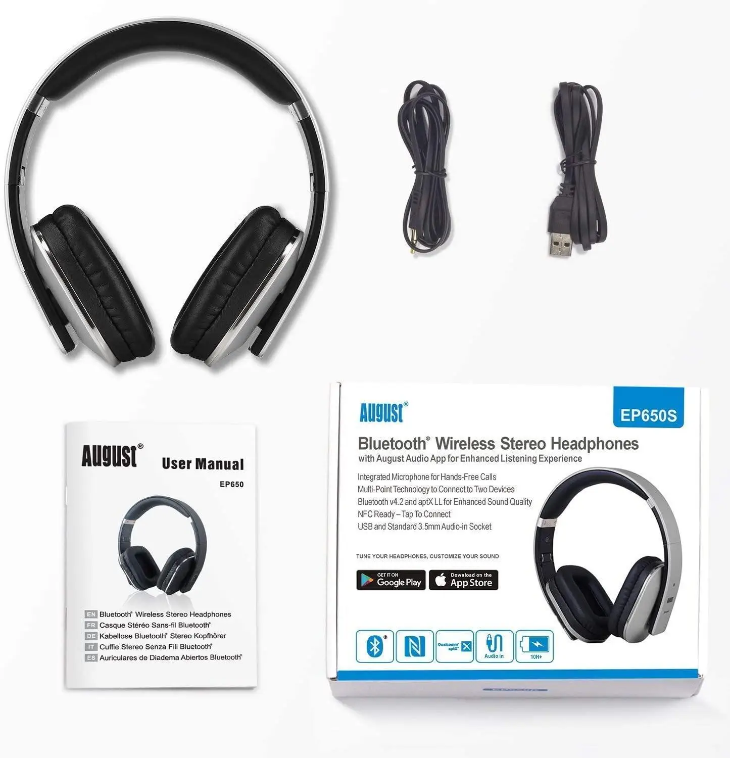 August EP650 Silver Upgrade Wireless Bluetooth 4.2 Headphones/Headset with EQ APP Control with Microphone for TV,Phone,PC 6