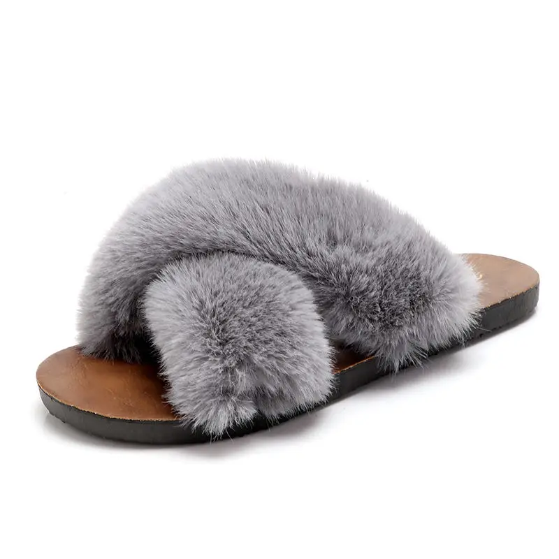 2021 Summer Women House Slippers Faux Fur Fashion Shoes Woman Slip on Flats Female Slides Black Pink cozy home furry slippers