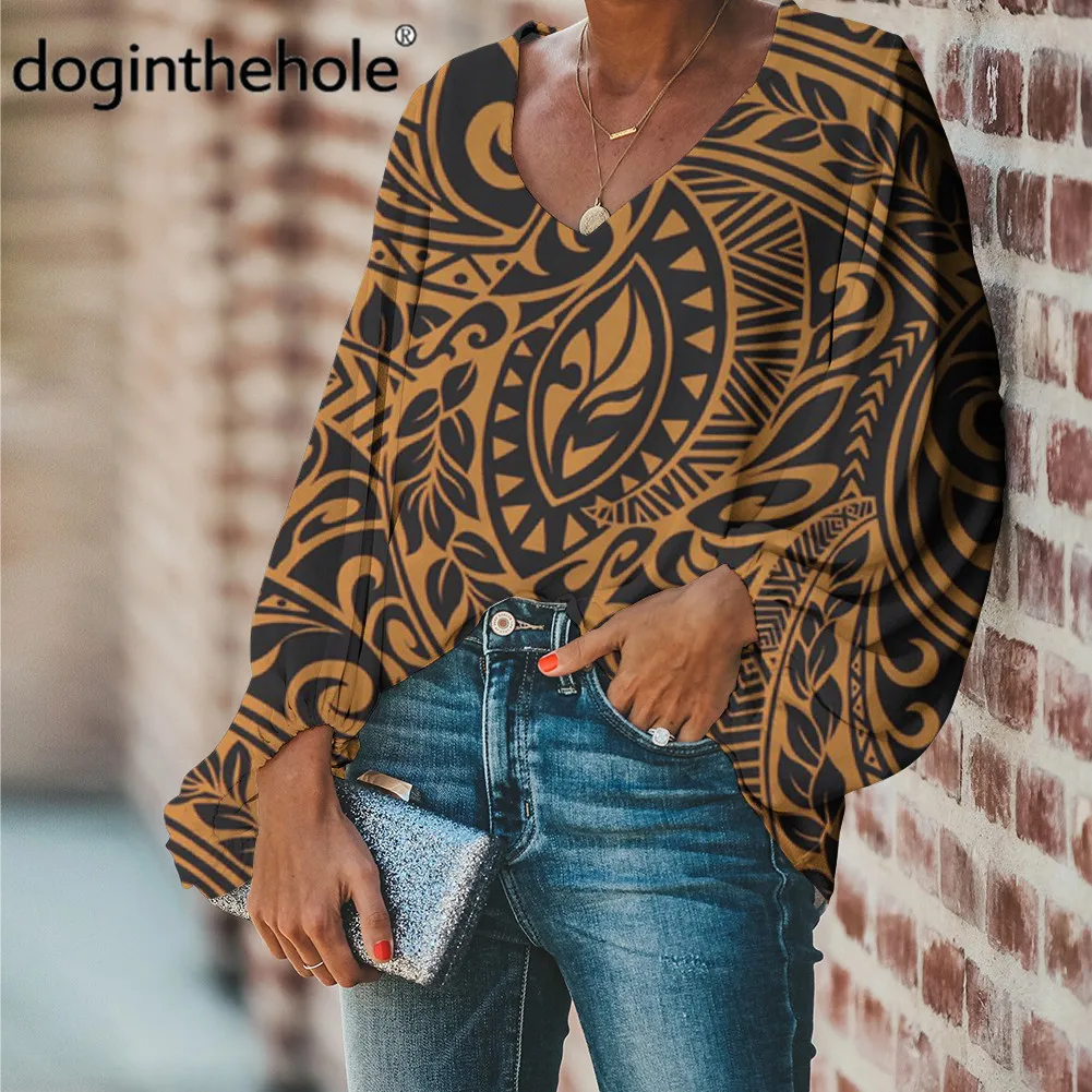

doginthehole Bohe Style Blouse Women Vintage Tops Tranditional Tribal Pattern Long Sleeve Chiffon Shirts Sexy V-neck Clothing