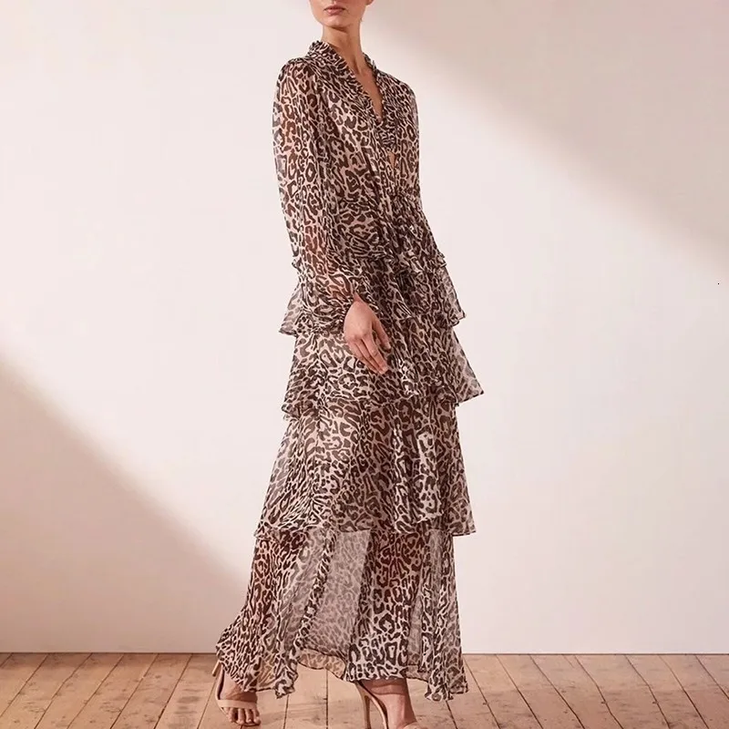 

SHENGPALAE Summer Leopard Dress For Women V Neck Long Sleeve High Waist Slim Ruffles Ankle Length Dresses Female Fashion 2019