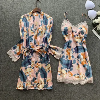 

Sweet Pink Lace Trim Kimono Robe Gown Suit Women Sexy V-Neck Nightdress Set Flower Print Satin Bathrobe Lounge Home Dress
