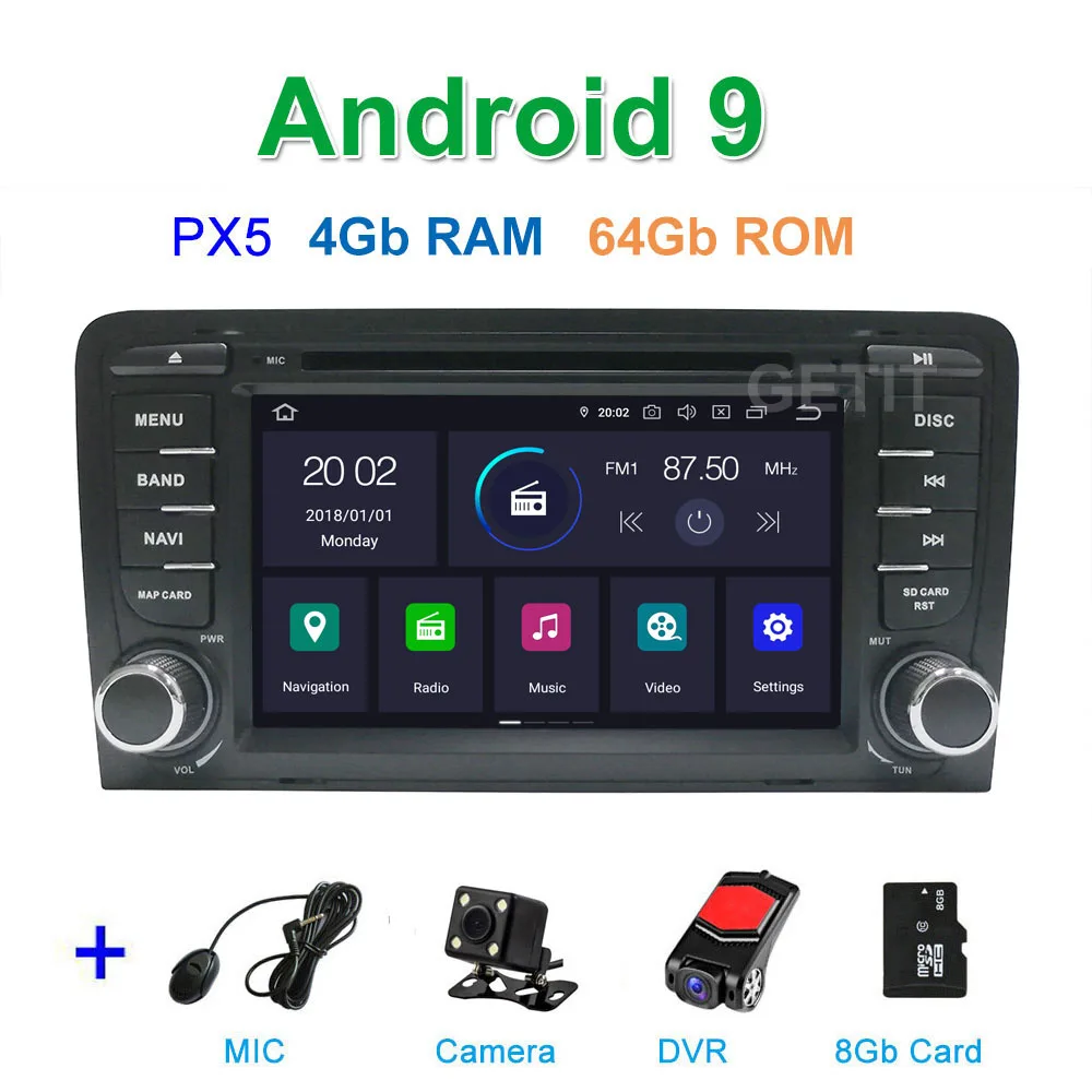 DSP 64G PX6 Android 9,0 автомобильный DVD видео стерео плеер gps навигация для Audi A3 8P 2003-2012 S3 2006-2012 RS3 Sportback 2011 - Цвет: PX5 4G CAM DVR SD