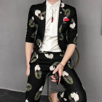 

Feather Printed Men Suits Slim Fit Black Designer Casual Suit For Mens Party Fashion Stage Clothes Mens Club Costumes 2 Pieces