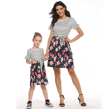 

Mother Daughter Dresses Bow-knot Striped Stitching Print Fitted Matching Dresses For Mom Daughter Family Look Mommy and Me Dress