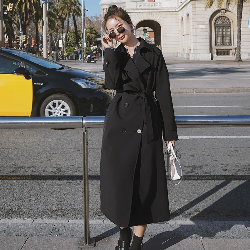 Gabardina negra de doble botonadura con cinturón para mujer, abrigo largo  para mujer, ropa de abrigo para mujer, moda Pop de marca, primavera y otoño  - AliExpress Ropa de mujer