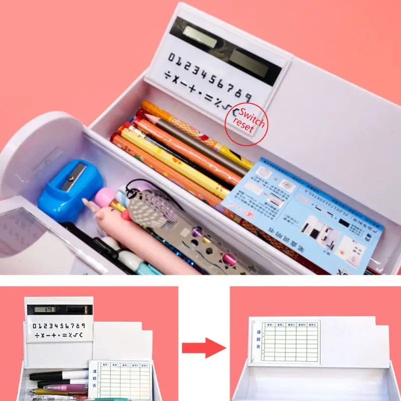 Creative Whiteboard Pencil Case With Solar Calculator Magnetic Switch Kawai Cartoon Pen Box School