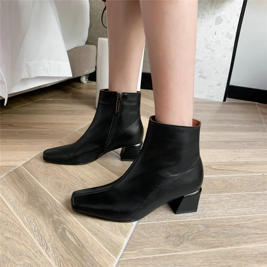 QUTAA/ г. Женские ботильоны удобная женская обувь из коровьей кожи на квадратном каблуке короткие ботинки в стиле ретро с квадратным носком на молнии размер 34-43