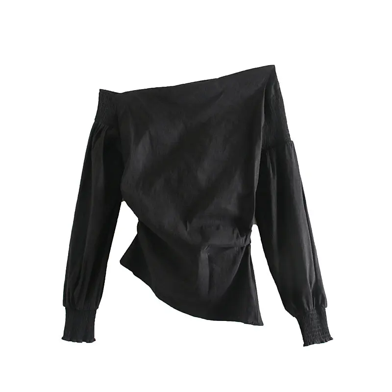  New women sexy skew collar asymmetric casual slim blouse long sleeve elastic black shirts female ch