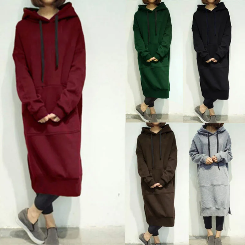 

S-5XL Casual Spring Autumn Women Long Pullover Fleece Hooded Plus Size Sweatshirt Dress Solid Hoodies 6 Colors Oversize Tops