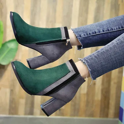 

botas mujer 2018 newest mixed color ankle boots women thick high heels Chelsea boots ladies patchwork winter martin boots