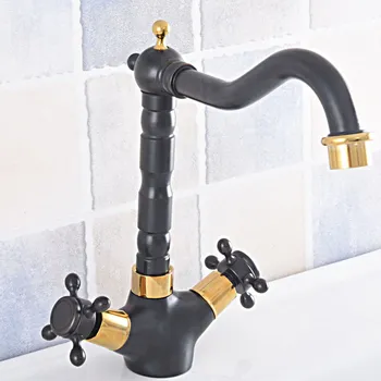 

Black Gold Bathroom Sink Faucet Dual Handle Deck Mount Bath Washbasin Hot Cold Mixer Water Tap WC Taps Nsf799
