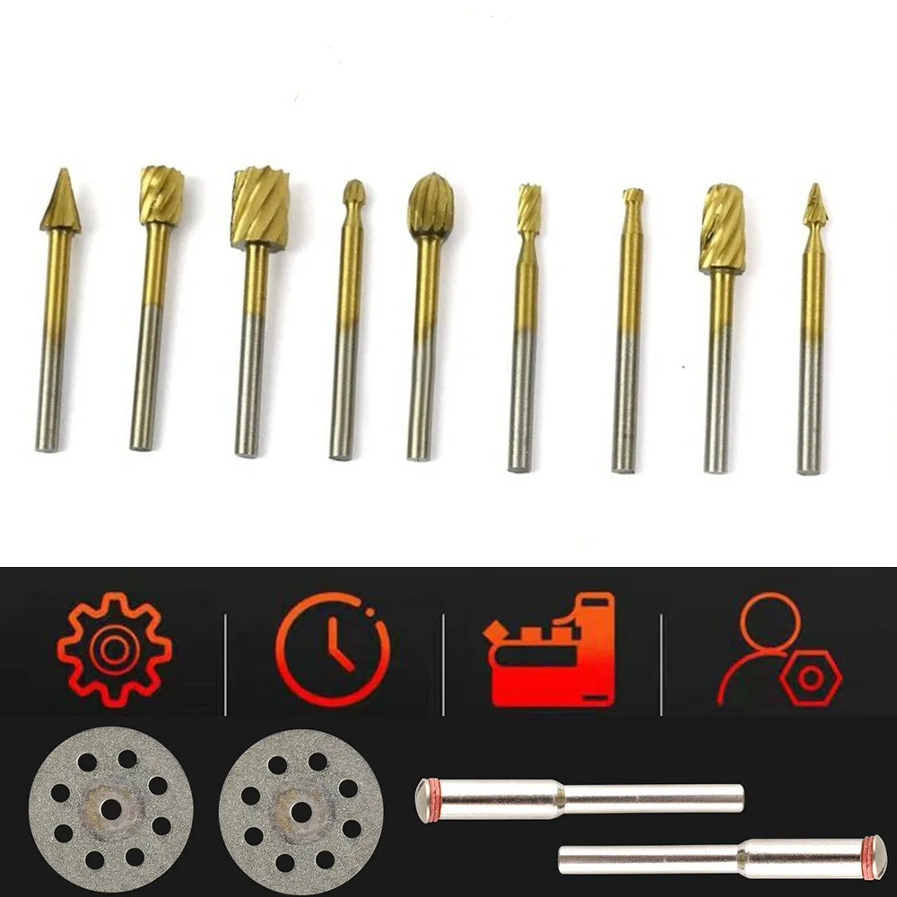 10*Burr Bit 12*Cutting Wheels Tungsten Carbide Metal Cutting Carving Grinding Cutter Burrs Tool Set Silver+Gold