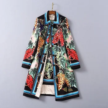 

European and American women's wear 2020 winter new style Long sleeve lapel with fine buttons Fashion grape print wool coat