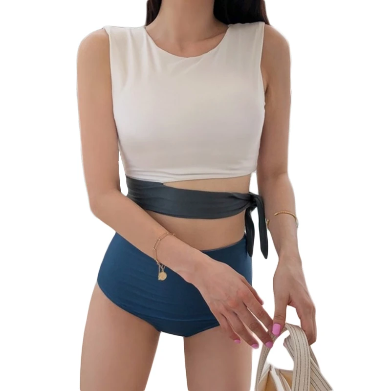 

Bikini 2019 Summer High Waist Swimwear Crop Top Swimsuits Belt Two Piece Bathing Suits Women Biquini Korea Style Beach Swimming