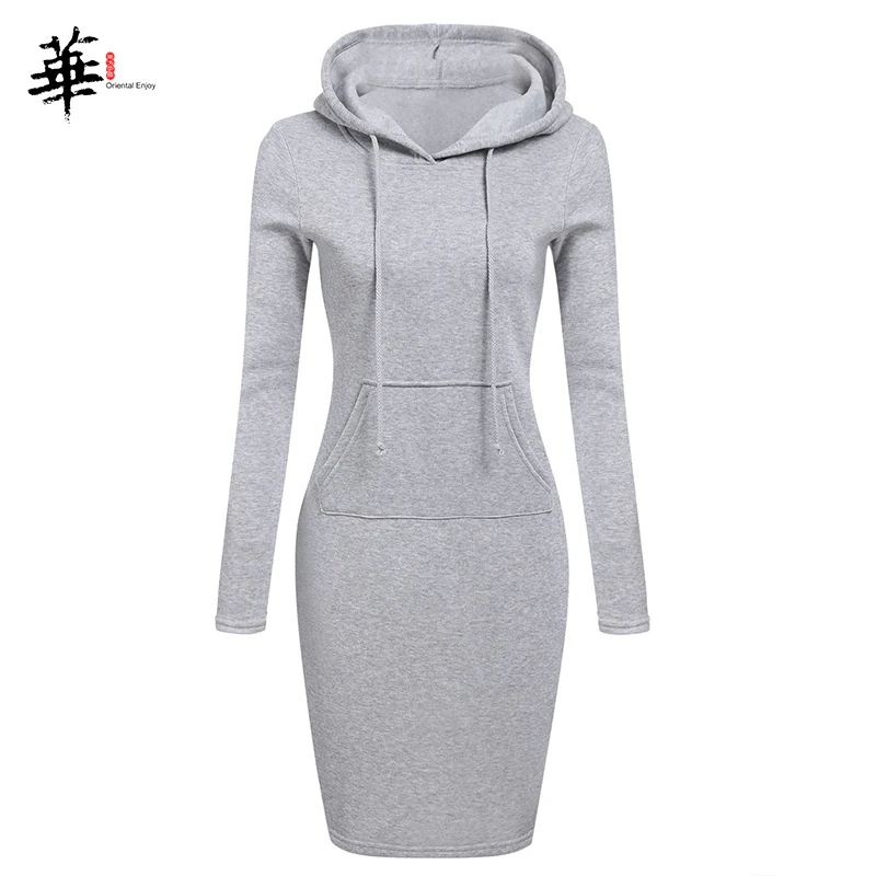 Gray Модные Флисовые женские платья с капюшоном и длинным рукавом, осенне-зимнее платье, Дамское Платье с капюшоном, толстовка, Vestido - Цвет: Gray