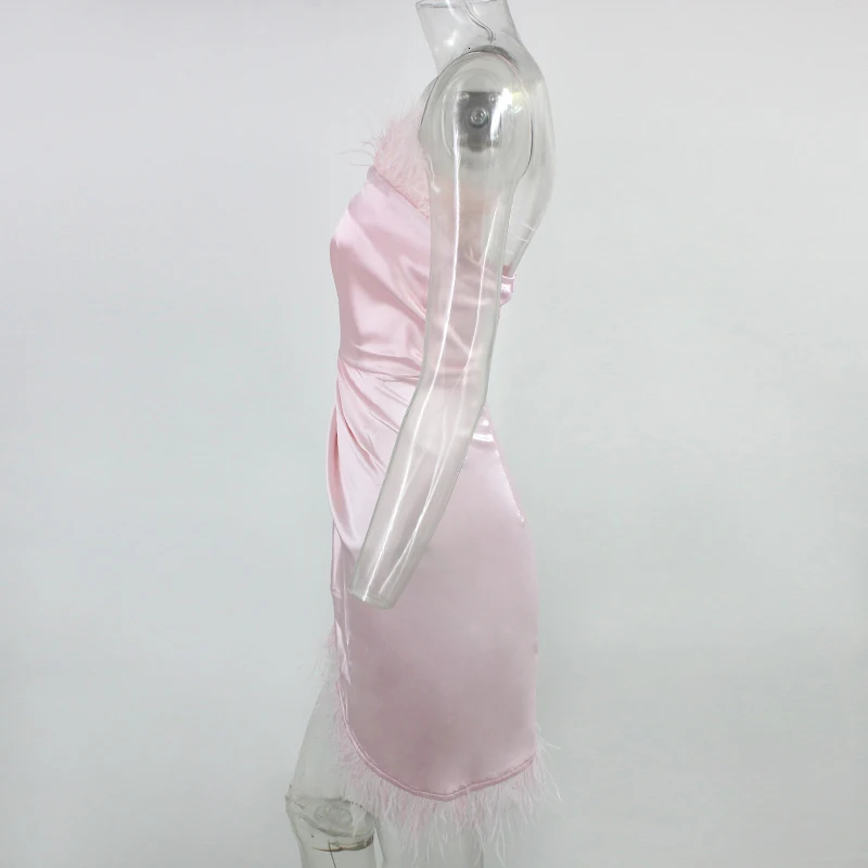 Ohvera элегантное сатиновое перьевое платье для женщин с высоким разрезом, сексуальные платья для вечеринок, мини, летние платья Vestidos