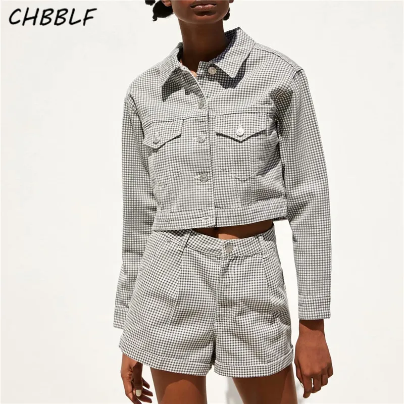 

CHBBLF Women denim plaid jacket pockets single breasted turn down collar coat long sleeve vintage outerwear casual tops BGB9435