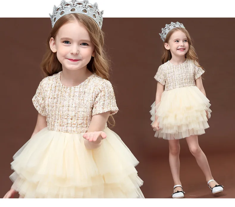 Брендовое стильное платье цвета шампанского для девочек; Детские элегантные бальные платья на день рождения, свадьбу; детские изысканные Многослойные Бальные платья принцессы