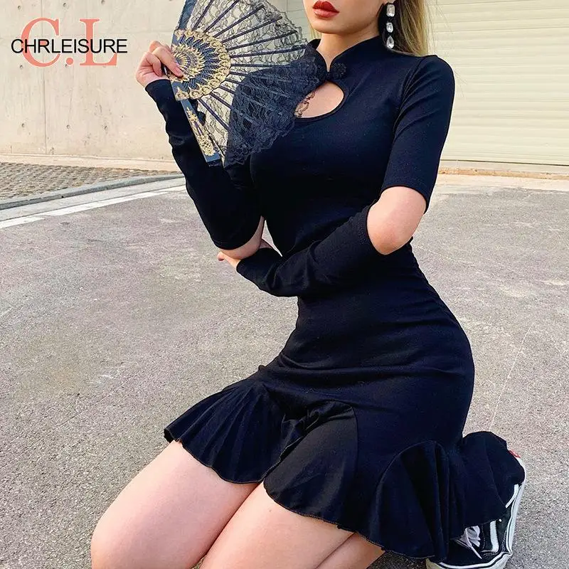 CHRLEISURE мини-платье в стиле ретро; в китайском Стиль Тонкий облегающий силуэт Для женщин модное Клубное платье с длинным рукавом вечерние элегантные черные короткое платье;