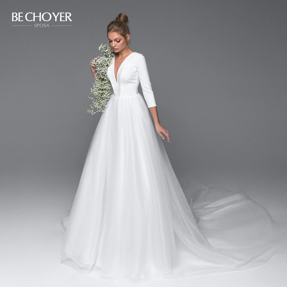 

Elegant V-neck Backless Wedding Dress BE CHOYER EL02 Satin A-Line Court Train Princess Bride Gown Customized Vestido de Noiva
