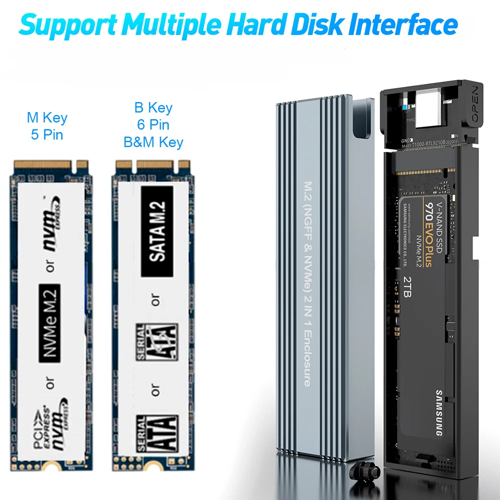 M2 SSD Case NVME Enclosure M.2 to USB 3.1 SSD Adapter w/OTG for NVME PCIE NGFF SATA M/B Key 2230/2242/2260/2280 Dual Protocol ssd enclosure,ssd adapter,hard drive enclosure