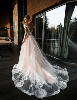 

Ruby Bridal A-line 2020 New Wedding Dresses Flesh Pink Tulle Ivory Lace Bridal Gown Plus Size Long Sleeves vestidos de novia