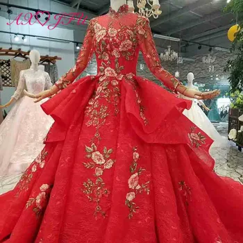 

AXJFU luxury princess beading crystal embroidery flower red lace high neck long sleeve illusion bride ruffles wedding dress 1891